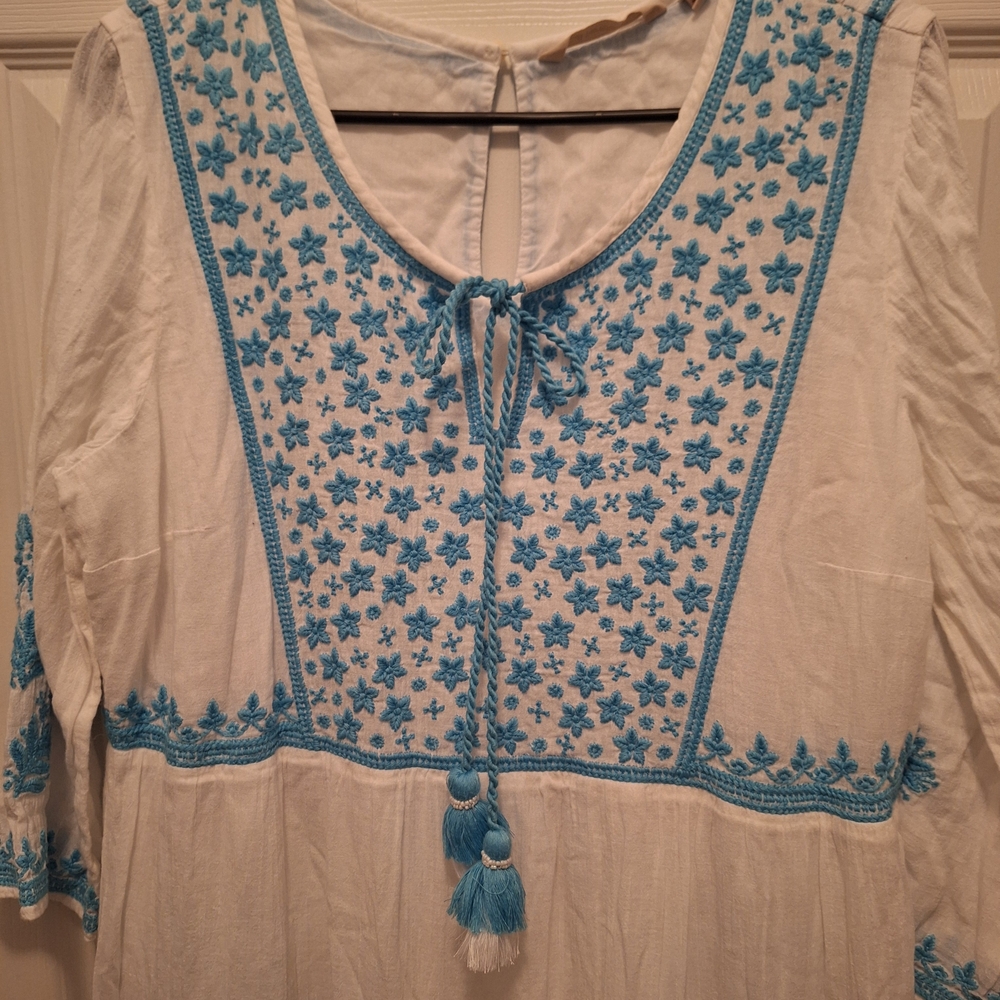 Soft Surroundings 100% Cotton White and Blue Embroidered Midi Juniper Dress - Picture 2 of 13